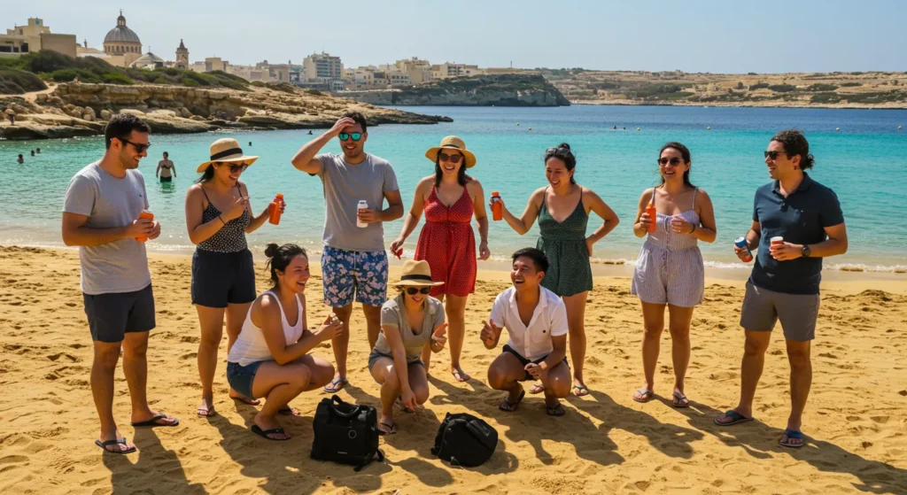 Group of Tourists in Malta enjoying the beach
